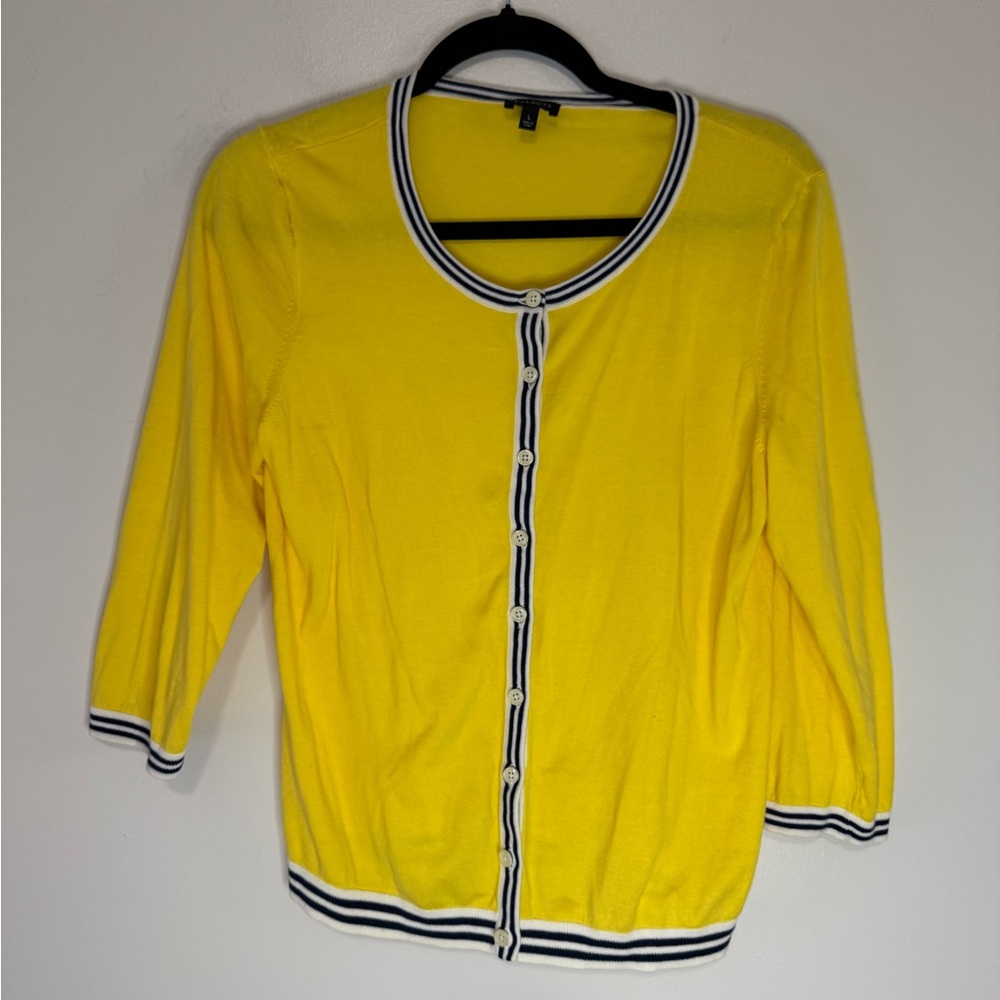 Talbots Yellow Striped Trim Button-Up Cardigan nautical theme size Large